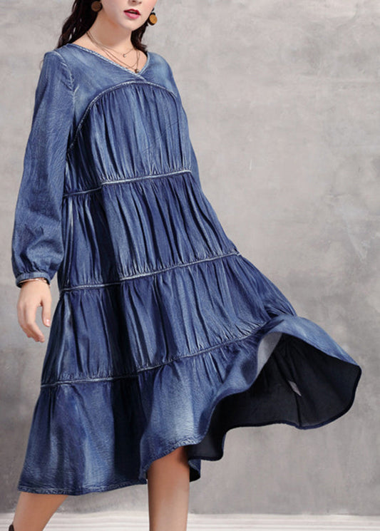 Casual Blue V Neck Wrinkled Patchwork Denim Long Dress Long Sleeve NN018 shopify