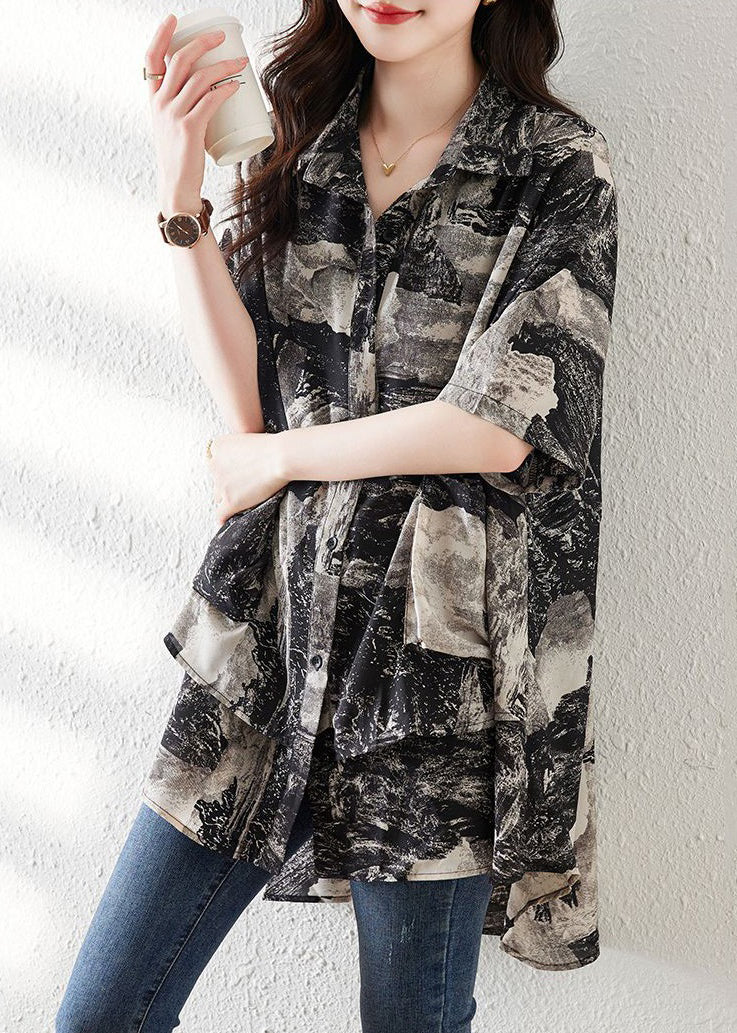 Loose Black Button Print Low High Design Cotton Shirt Summer NN045 shopify
