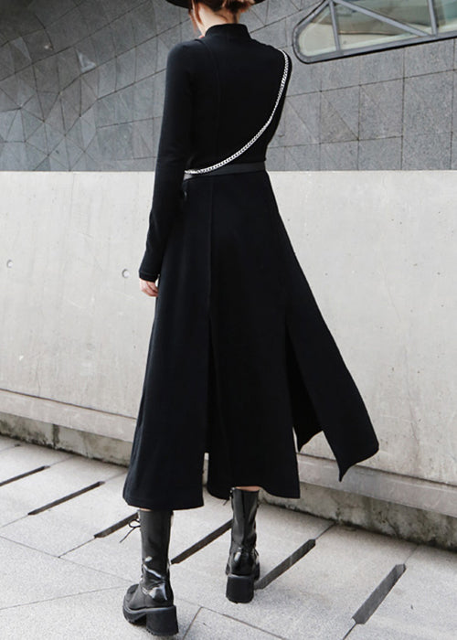 Cotton Open High Dresses Waist Spring Side Long Black FashionChic