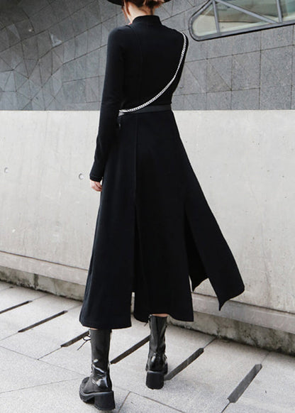 Cotton Open High Dresses Waist Spring Side Long Black FashionChic