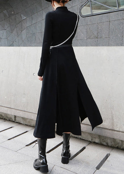 Cotton Open High Dresses Waist Spring Side Long Black FashionChic