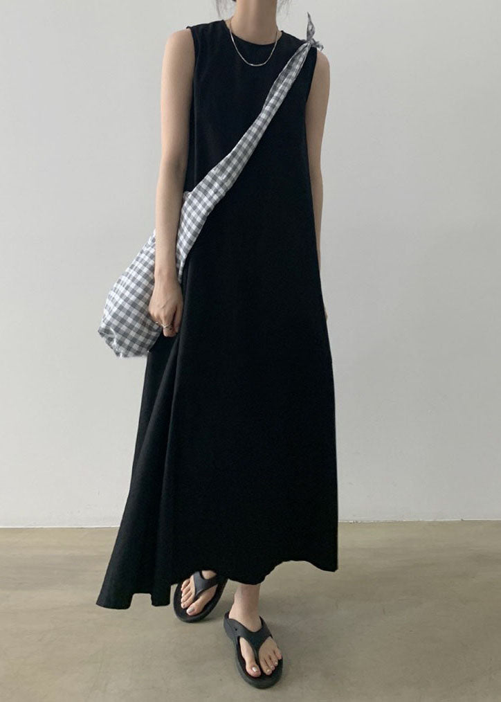 Black Sleeveless Robe O-Neck Cotton Dresses FashionChic