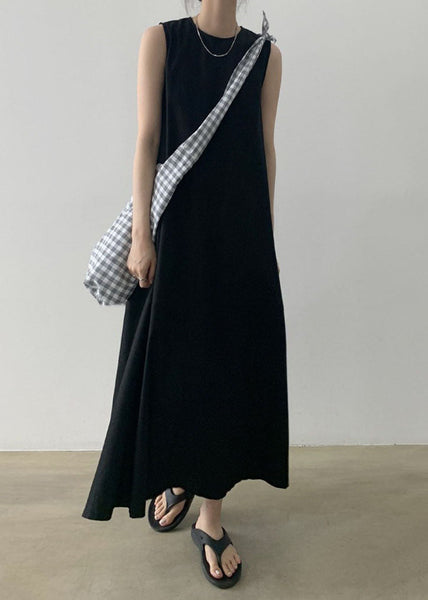 Black Sleeveless Robe O-Neck Cotton Dresses FashionChic