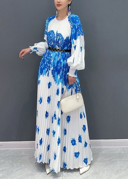 Style White Blue O Neck Print Wrinkled Long Dresses Petal Sleeve AO1001 JDML-FDL240909