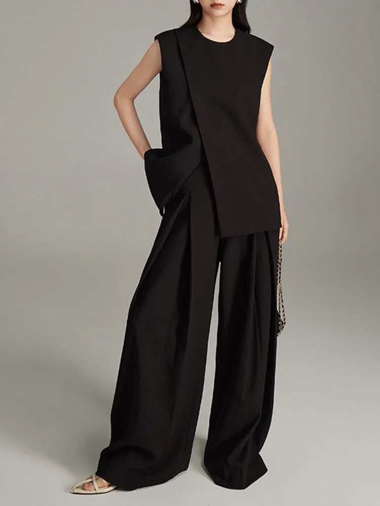 Modern Sleeveless Slit Tunic Top Hem O-neck Cream FashionChic