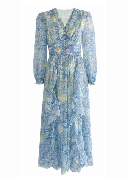 New Blue V Neck Print Chiffon Long Dresses Long Sleeve AJ1039 shopify