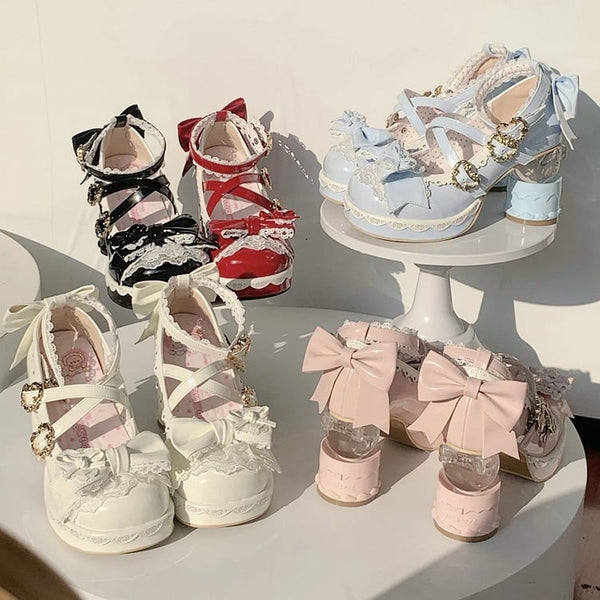 High Sweet Black Lace Bow Lolita Heel Cake-shaped Platform - Embellishments Heels with Edging FashionChic