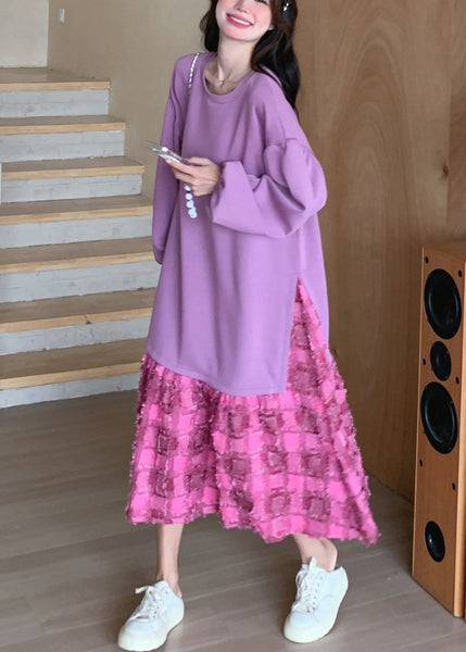 Purple Dress Spring Plaid O-Neck Loose Maxi FashionChic