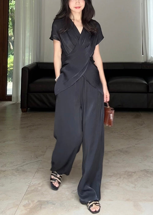 Loose Black Asymmetrical Wrinkled Silk Two Pieces Set Summer EE025 shopify