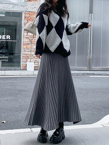 Brief Khaki High Waisted Pleated Striped A-Line Knit Skirt TW006 ABC