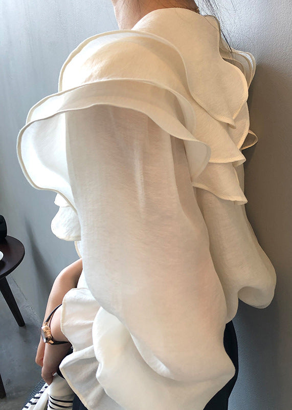 White Patchwork Thin Cotton Shirt Ruffled Long Sleeve AF1028 HS-LTP240914