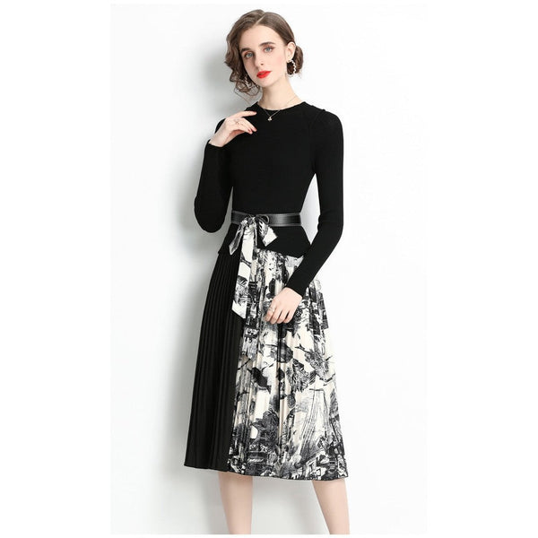 Women Black O-neck Belt Patchwork Floral Print Pleated Hem Long Sleeve Knit Dress AR1001 shopify
