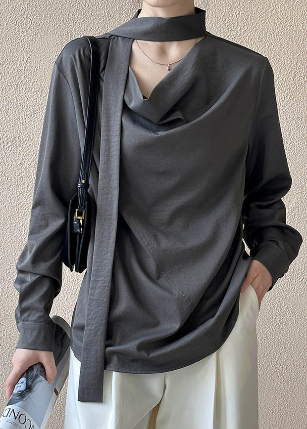 French Grey Button Bow Cotton Blouses Fall AF1058 HS-LTP240914