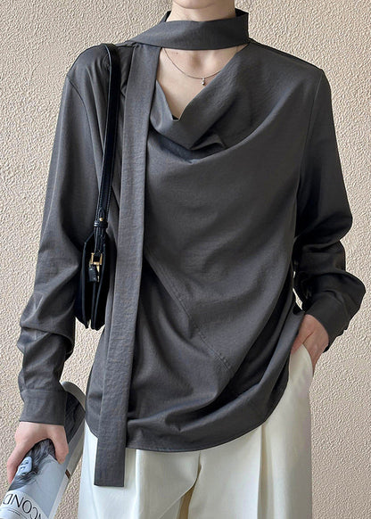 French Grey Button Bow Cotton Blouses Fall AF1058 HS-LTP240914