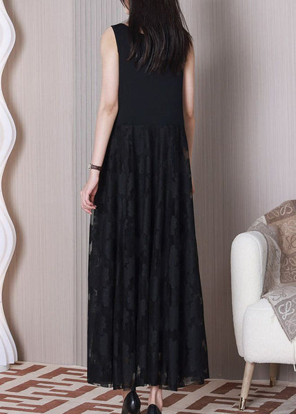 Women Black O Neck Patchwork Cotton Dresses Sleeveless TT1024 shopify