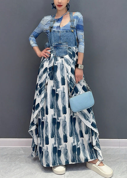 Art Blue Print Pockets Patchwork Long Dress Sleeveless AR1034 JDML-240823