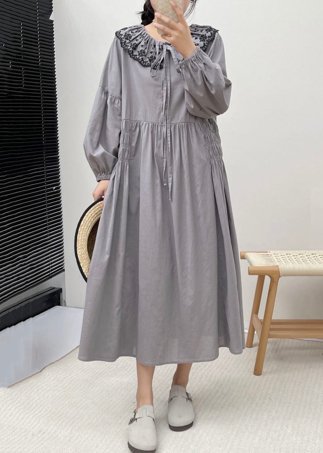 Grey Button Wrinkled Cotton Dresses Embroidered Long Sleeve NN004 shopify