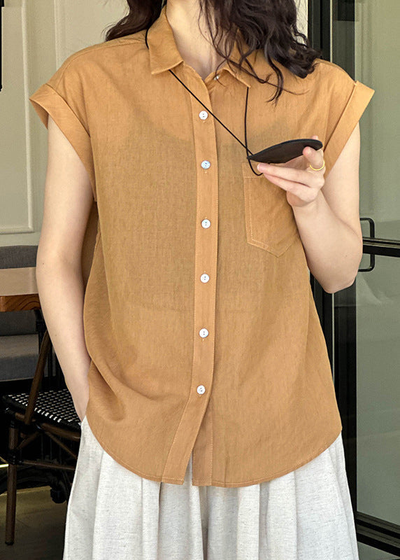Elegant Orange Peter Pan Collar Button Silk Cotton Shirt Summer AF1024 HS-STP240914
