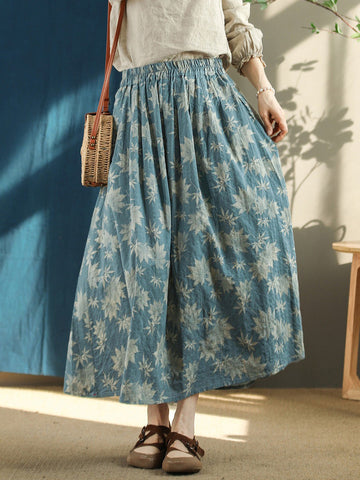 Plus Size Floral Vintage Elastic Waist Summer Loose Skirt RR1030 GKFS