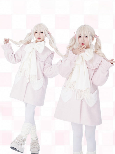 Sweet Bow Ruffled Coat Winter Scarf and Heart-Shaped + with Lolita Pockets White Pink Collar FashionChic