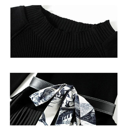 Women Black O-neck Belt Patchwork Floral Print Pleated Hem Long Sleeve Knit Dress AR1001 shopify
