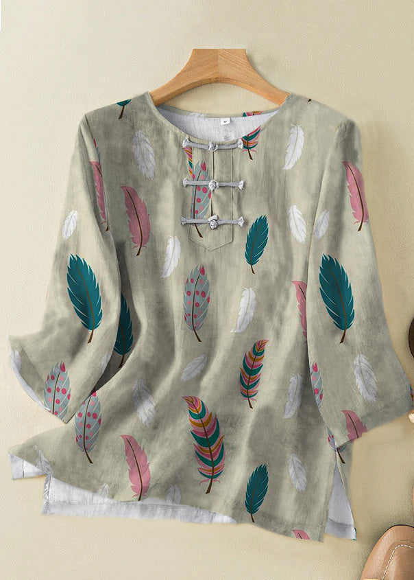 Grace Style Pink Crane O-Neck Print Oriental Button Side Open Linen Shirt Top Bracelet Sleeve TP050