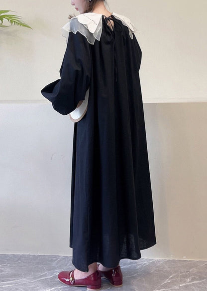 Black Pockets Cotton Dress Peter Pan Collar Long Sleeve NN043 shopify