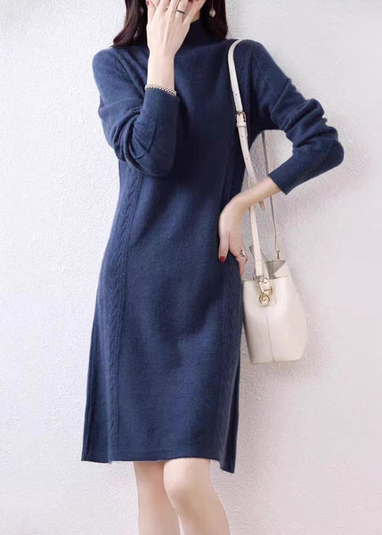 Elegant Navy Turtleneck Solid Wool Knit Sweater Dress Fall QX022 shopify