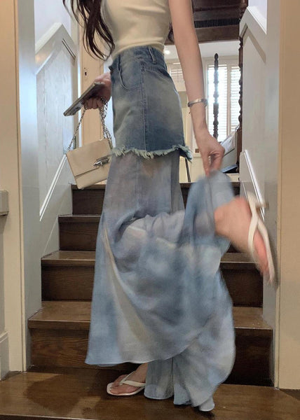 Slim Fit Blue High Waist Patchwork Denim Maxi Skirts Spring RV007 ABC