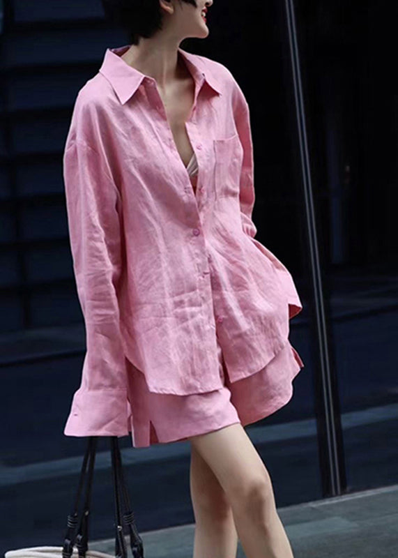 Modern Pink Button Shirts And shorts Two Pieces Set Fall AN1017 Genistyle Shop