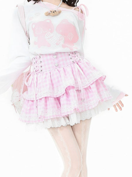Plaid Daily Skirt Kawaii Tiered Black/Pink/Blue Pattern in with FashionChic