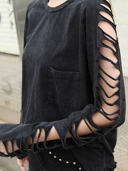 Black Sleeves T-shirt Out Long Round-neck Street Loose Hollow FashionChic