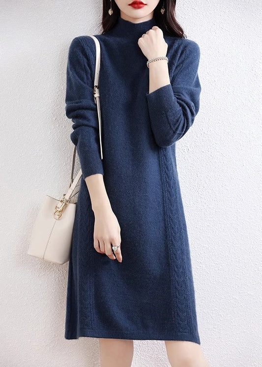 Elegant Navy Turtleneck Solid Wool Knit Sweater Dress Fall QX022 shopify