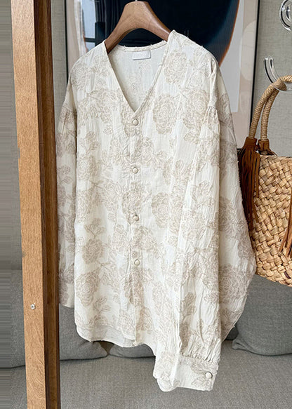 Neck Cotton Spring Apricot Button Jacquard V Casual Shirts FashionChic