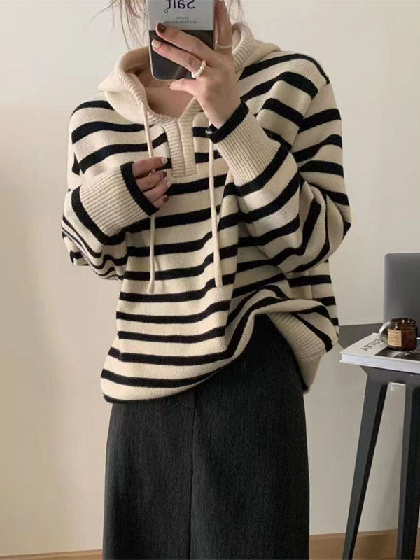 Casual Black Hooded Drawstring V-Neck Contrast Color Striped Long Sleeve Sweater QX019 shopify