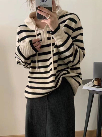 Casual Black Hooded Drawstring V-Neck Contrast Color Striped Long Sleeve Sweater QX019 shopify