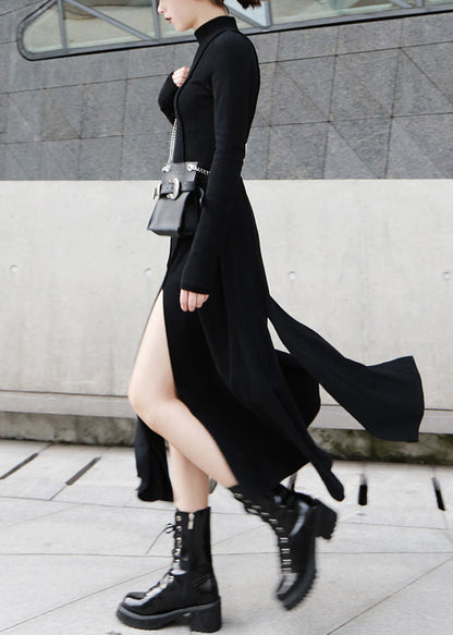Cotton Open High Dresses Waist Spring Side Long Black FashionChic