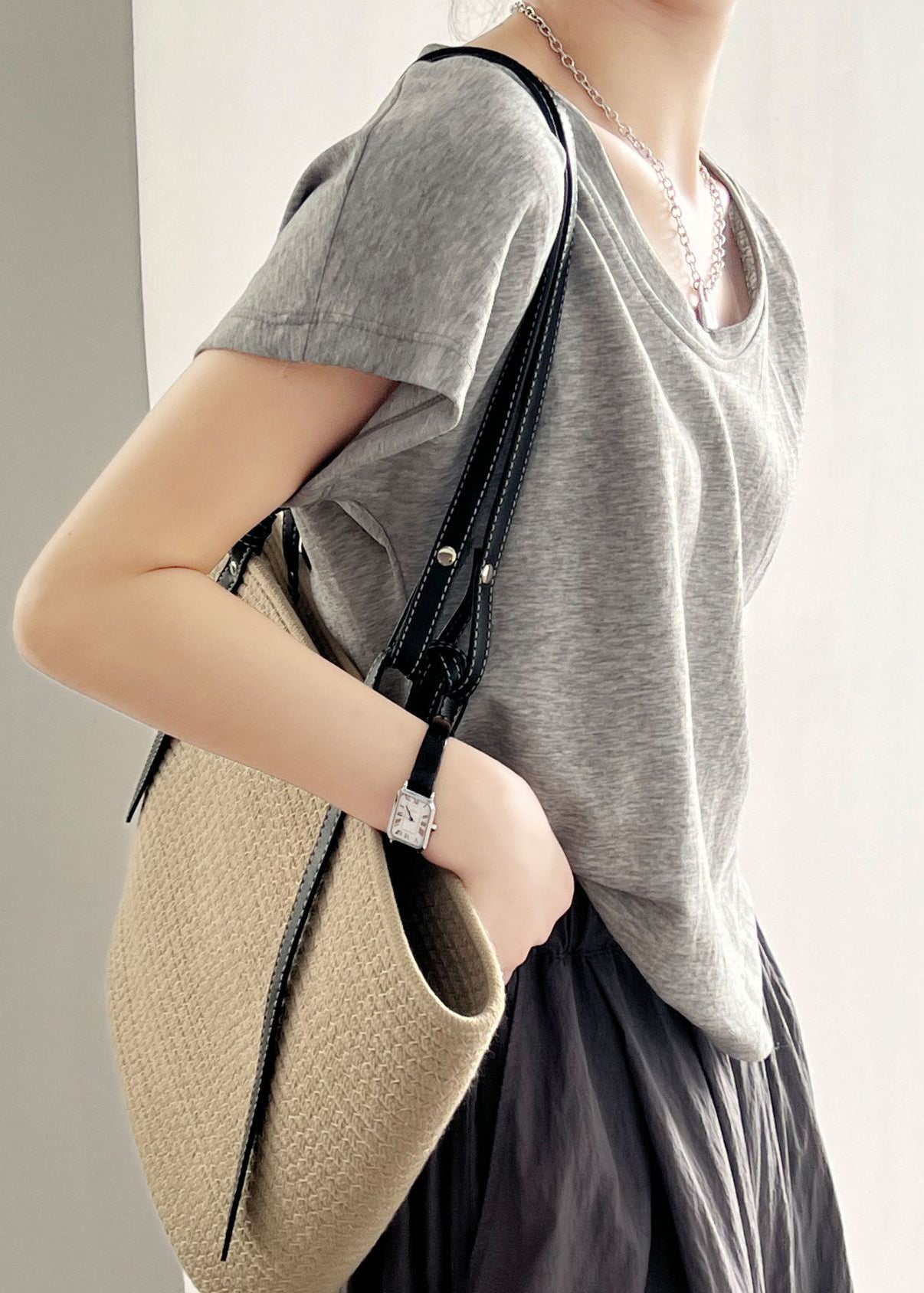 O Grey Sleeve Cotton Top Neck Solid Short Shirt T FashionChic