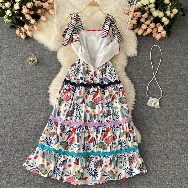 Art white Square Collar Rainbow Striped Floral Print Straps Dress AR1007 shopify