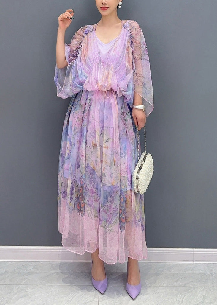 Women Lavender U Neck Print Patchwork Long Dresses Summer AO1064 JDML-SDL240909