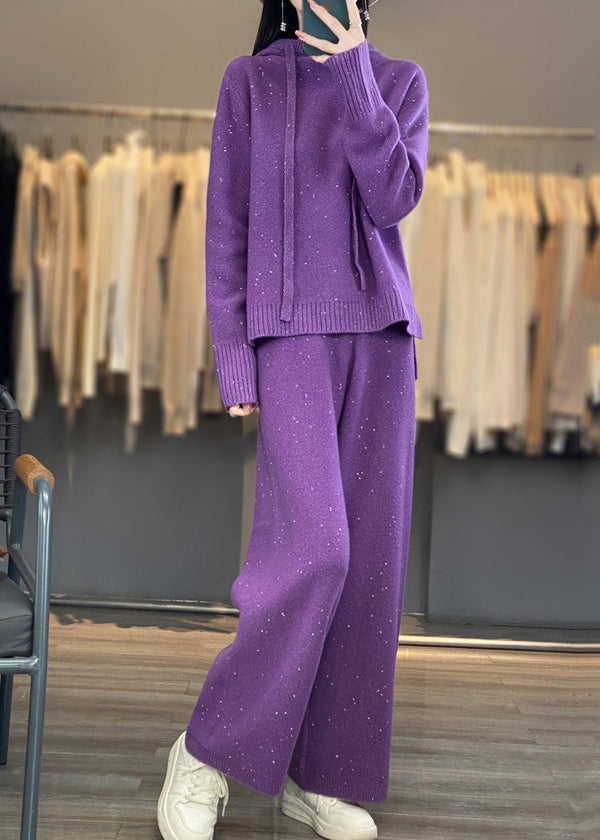 Stylish Purple Drawstring Hooded Cotton Knit Sweaters And Wide Leg Pants Two Piece Set Winter WV015 ABC