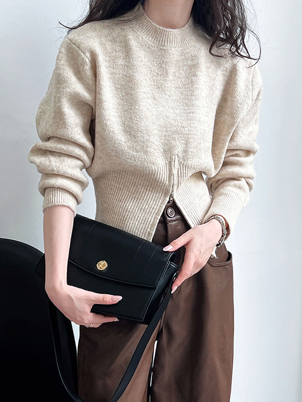 Chic Grey Mock Neck Zip-up Hem Long Sleeve Sweater AN1072 Genistyle Shop