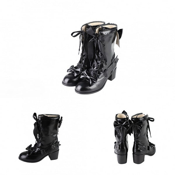 Embellishments Boots Mid-Heel - Sweet Black Bow FashionChic