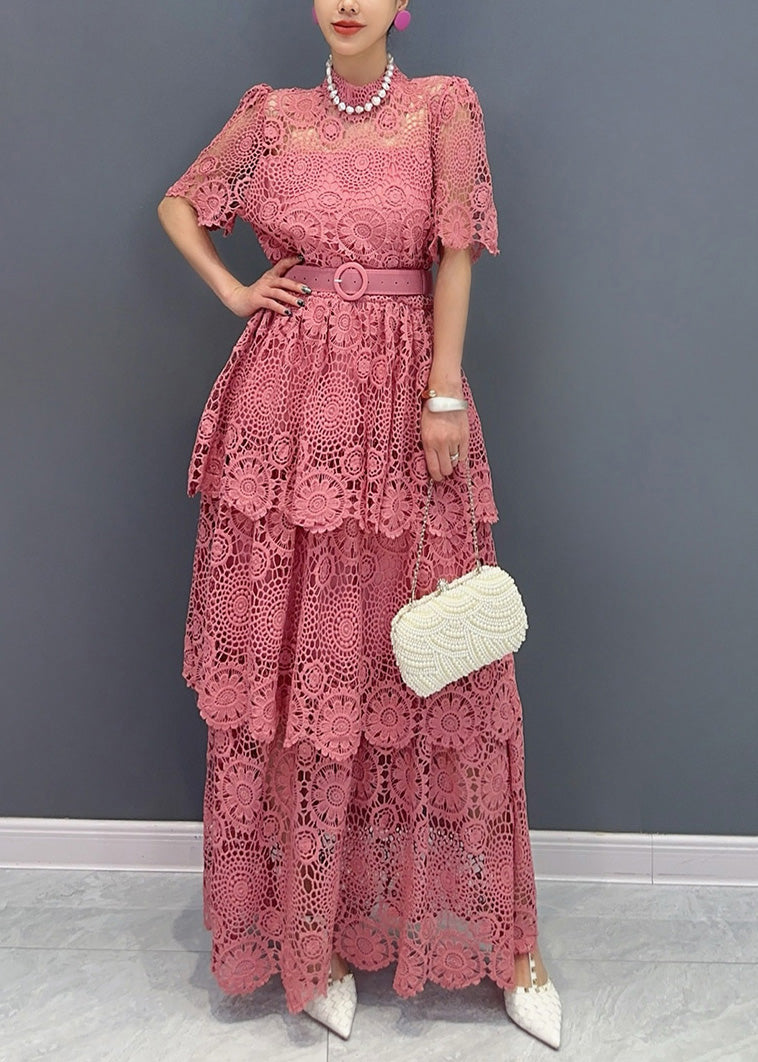 Chic Navy V Neck Sashes Hollow Out Lace Long Dresses Summer AO1013 JDML-SDL240909