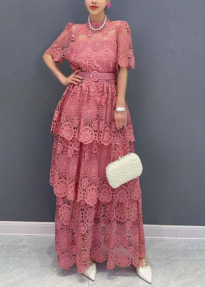 Chic Navy V Neck Sashes Hollow Out Lace Long Dresses Summer AO1013 JDML-SDL240909