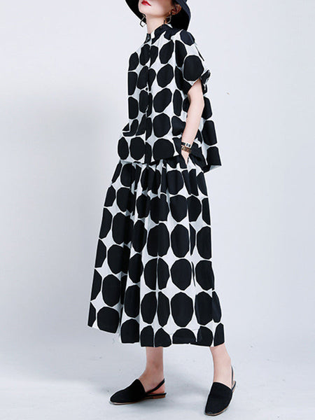 Pockets Neck Mock Black Polka-Dot Stylish High Buttoned Shirt FashionChic