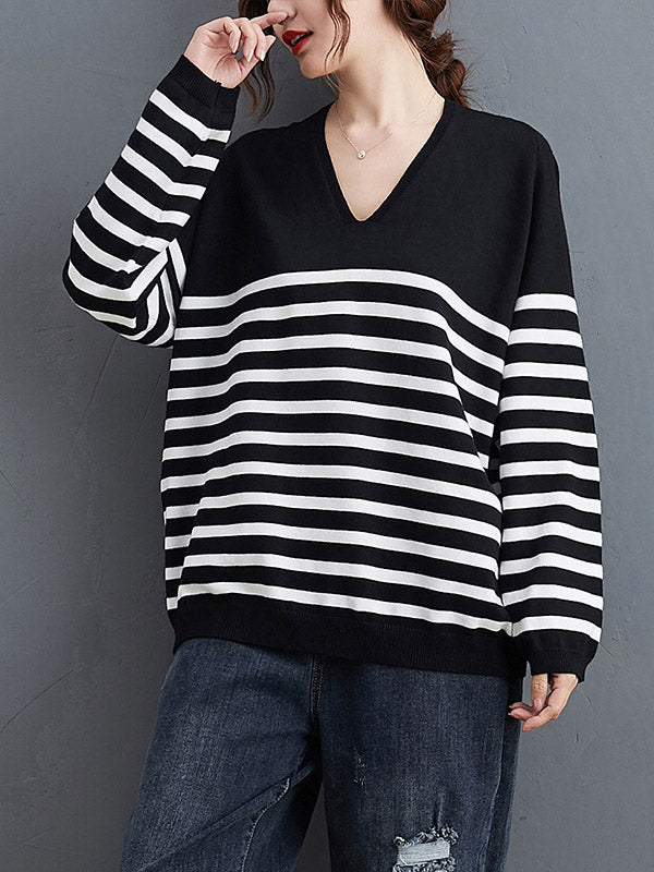 Casual Loose Black V-Neck Contrast Color Striped Long Sleeve Knit Sweater AN1035 Genistyle Shop