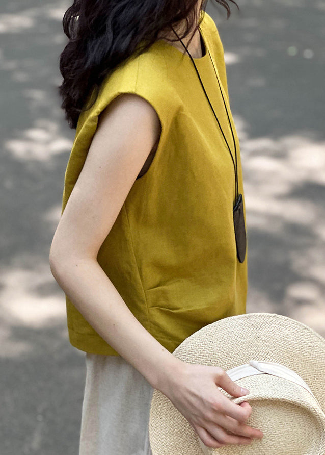 Simple Yellow O Neck Solid Linen Top Sleeveless AF1016 HS-STP240914