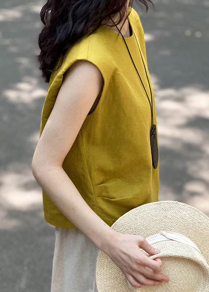 Simple Yellow O Neck Solid Linen Top Sleeveless AF1016 HS-STP240914