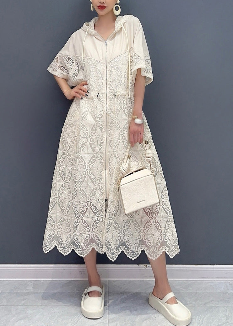 French White Hooded Cotton Zippered Hollow Out Dress Summer AO1073 JDML-SDL240909